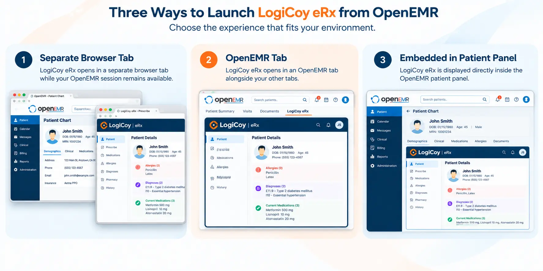 Three ways to launch LogiCoy eRx from OpenEMR including browser tab, OpenEMR tab and embedded view