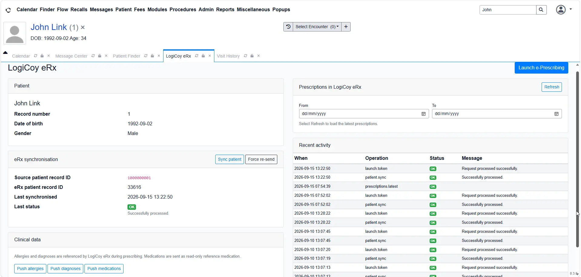 OpenEMR patient chart showing the LogiCoy eRx Launch e-Prescribing option