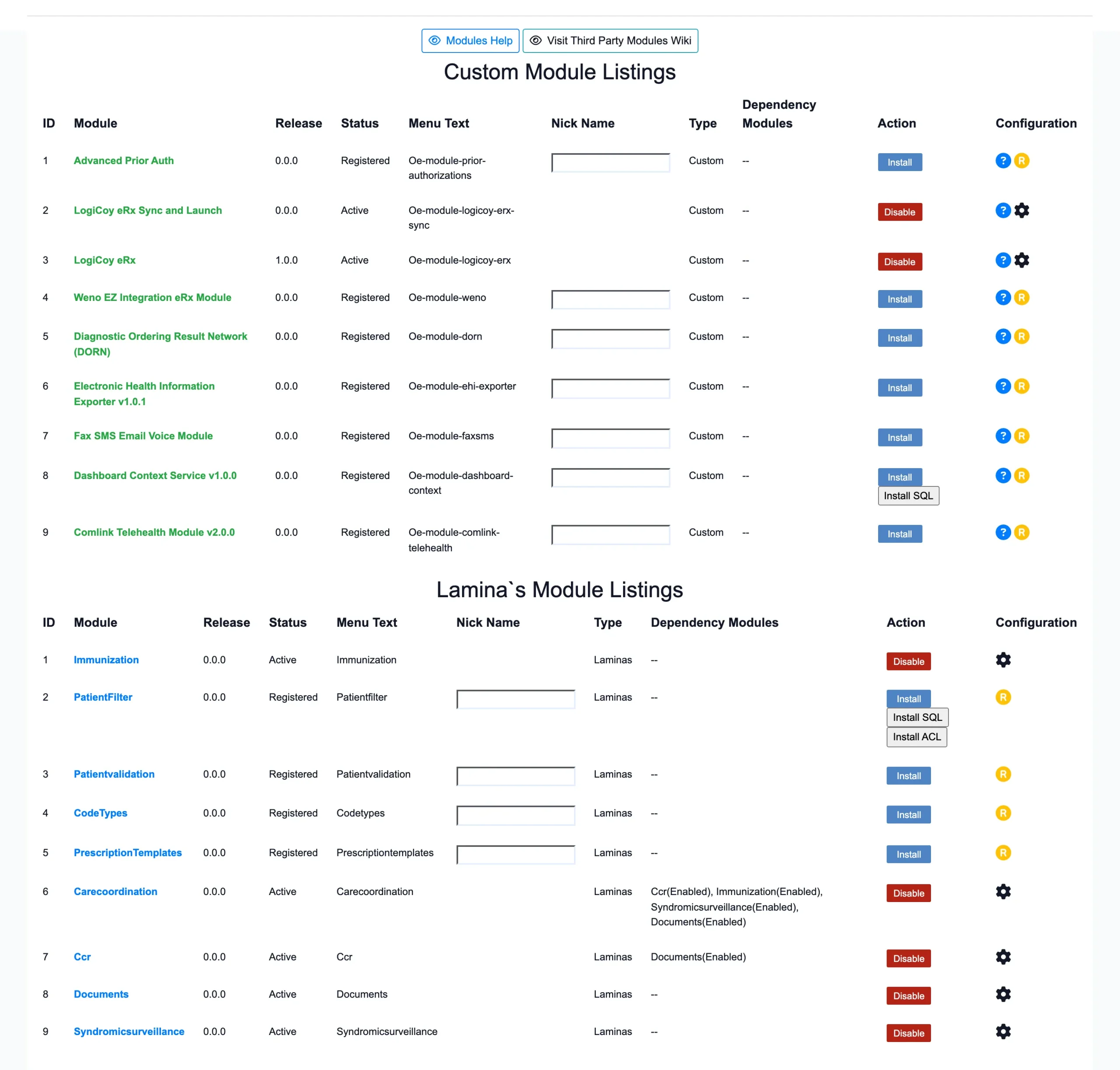 OpenEMR Manage Modules page showing the LogiCoy eRx module in the active state