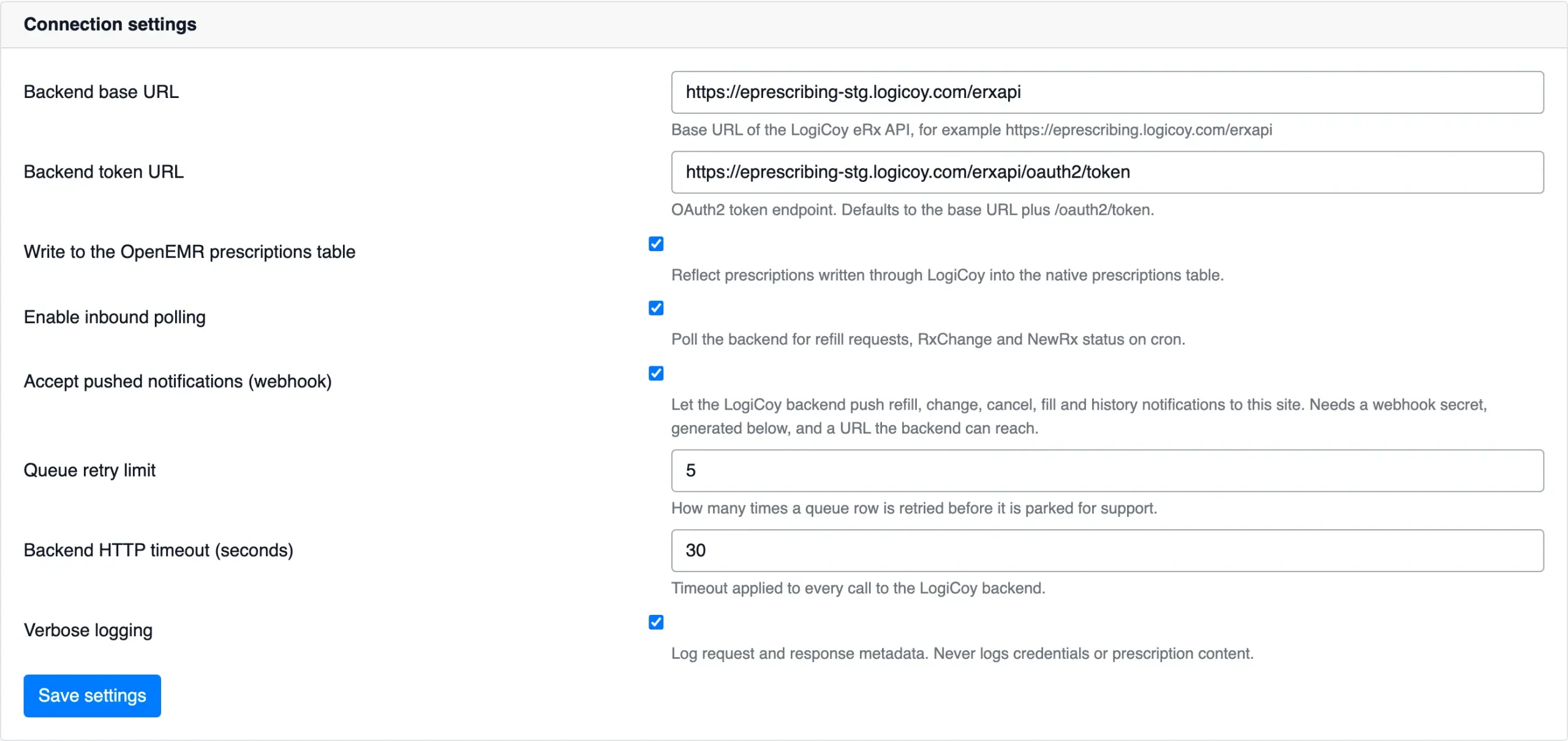 LogiCoy eRx OpenEMR module connection settings showing API endpoints, prescription synchronization, inbound polling, webhook options, retry limits, and timeouts