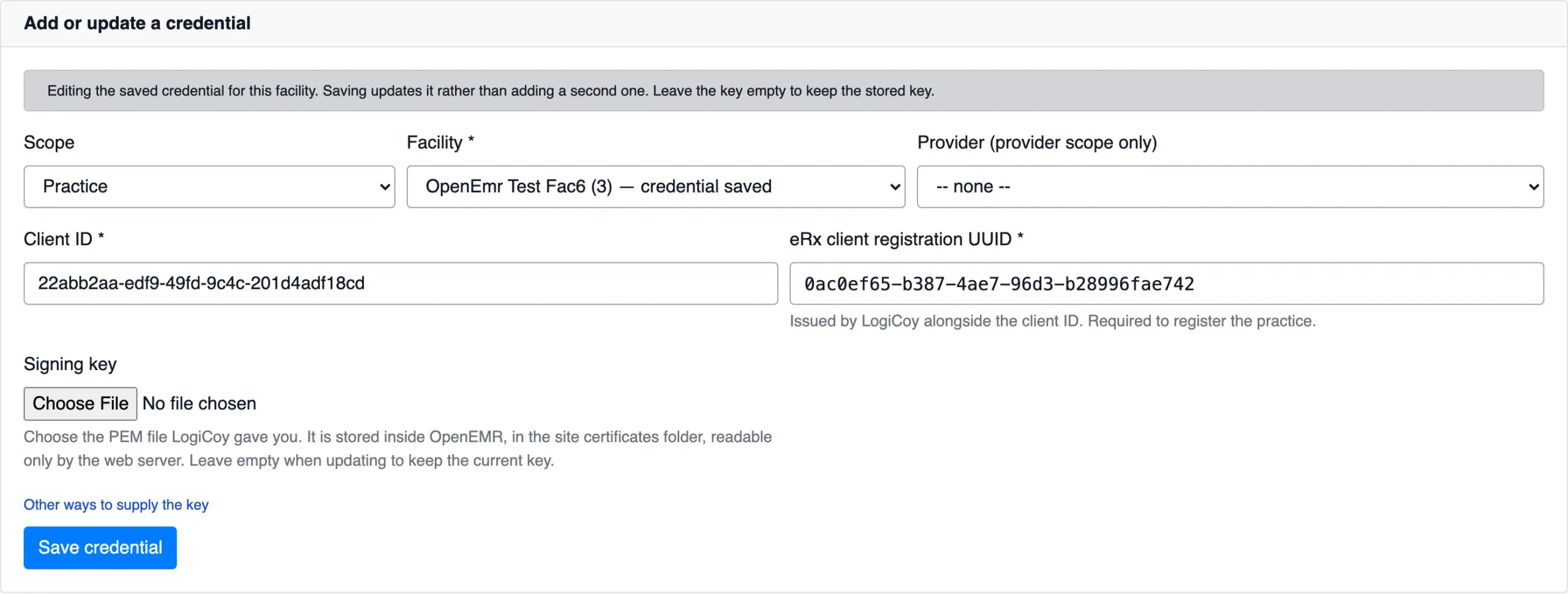LogiCoy eRx credential configuration form for practice scope, client identifier, registration identifier, and signing-key upload