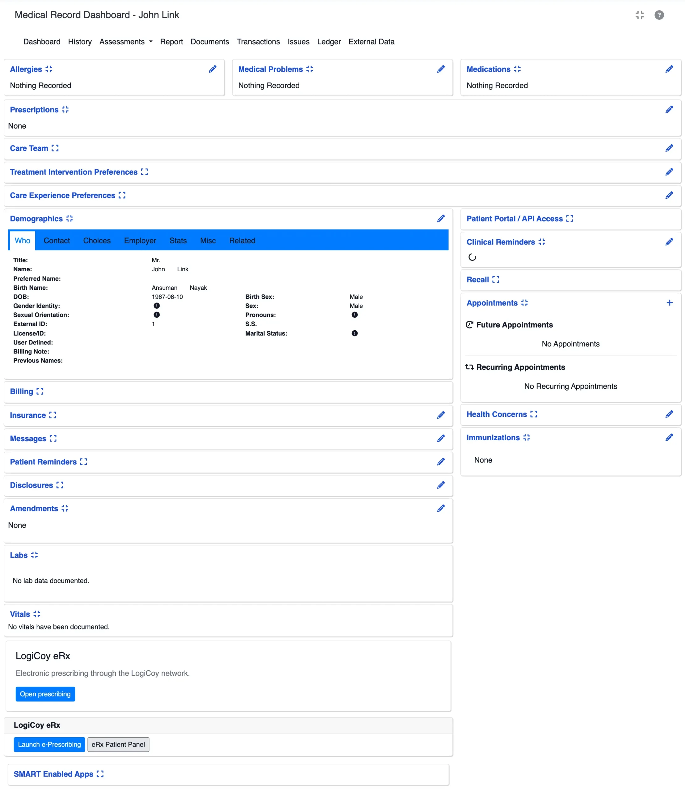 OpenEMR patient summary showing the LogiCoy eRx integration and prescribing entry points