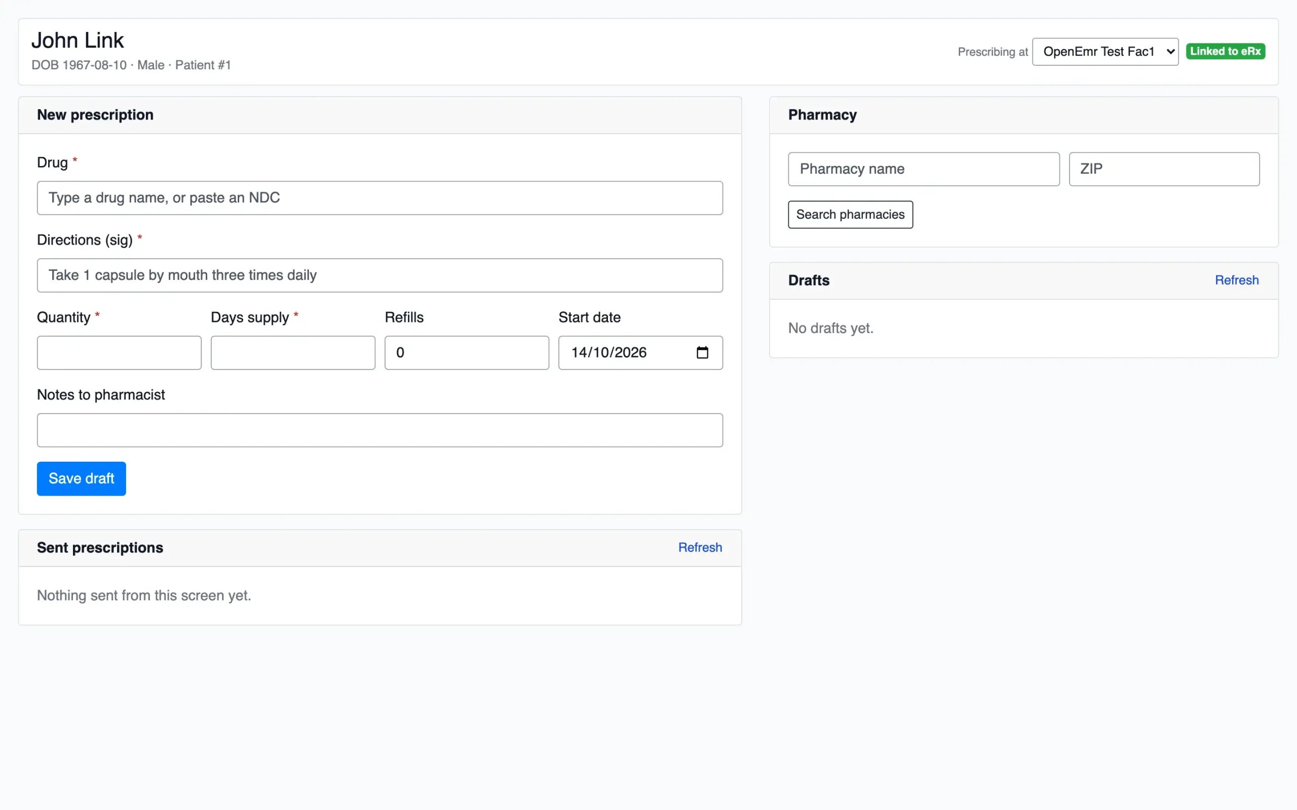 LogiCoy eRx prescribing interface showing prescription entry, pharmacy selection, drafts, and sent prescriptions