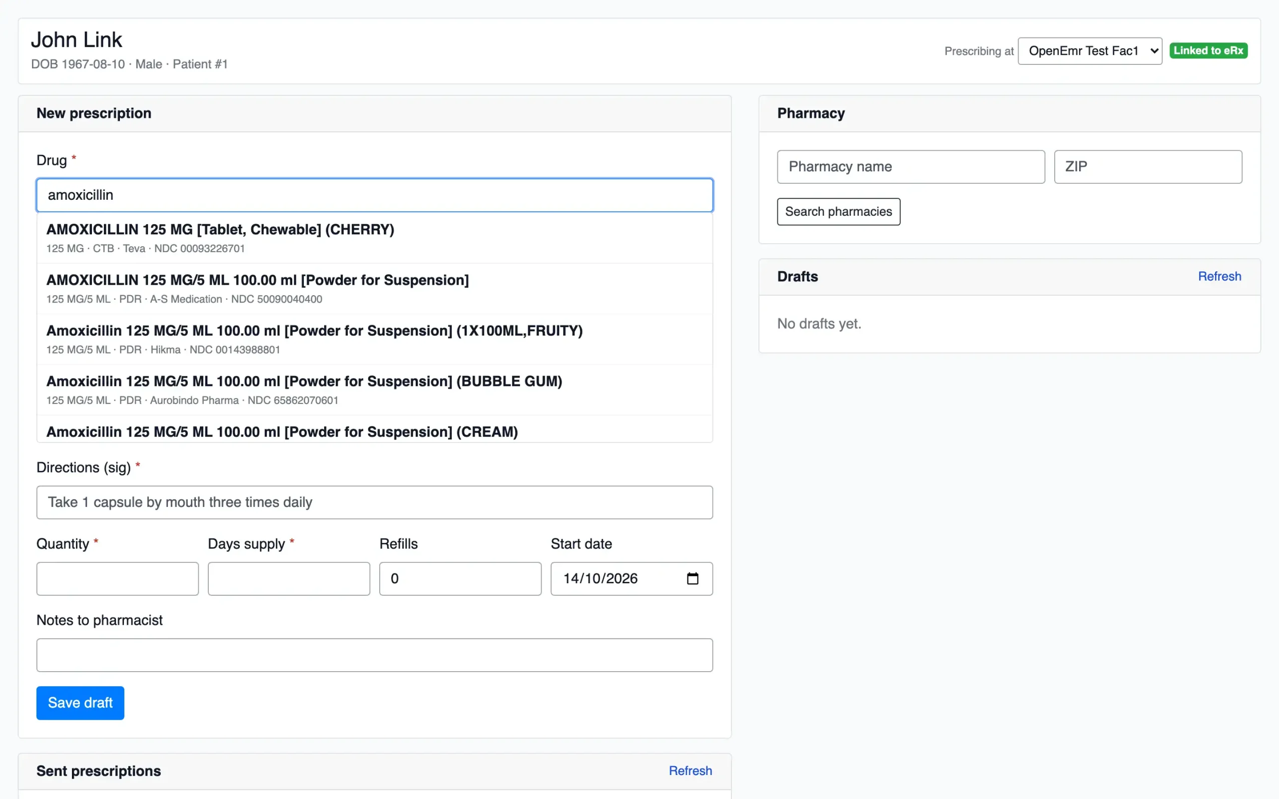LogiCoy eRx medication search displaying drug names, dosage forms, strengths, and NDC identifiers